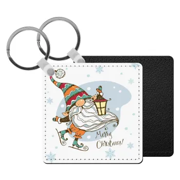 Christmas nordic gnomes, Μπρελόκ Δερματίνη, τετράγωνο ΜΑΥΡΟ (5x5cm)