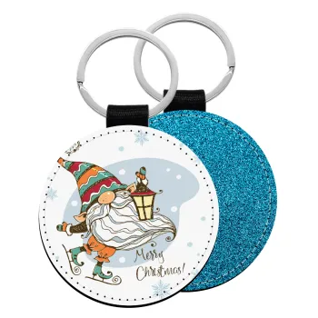 Christmas nordic gnomes, Μπρελόκ Δερματίνη, στρογγυλό ΜΠΛΕ (5cm)