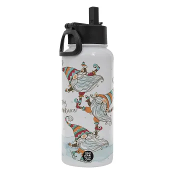 Christmas nordic gnomes, Μεταλλικό παγούρι θερμός Λευκό με καλαμάκι και χερούλι (Stainless steel), διπλού τοιχώματος, 950ml