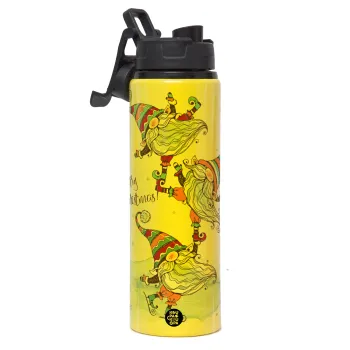 Christmas nordic gnomes, Μεταλλικό παγούρι νερού με καπάκι ασφαλείας, αλουμινίου 850ml