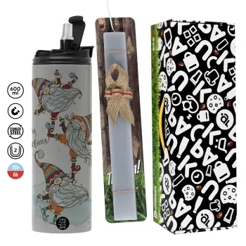 Christmas nordic gnomes, Πασχαλινή Λαμπάδα με Travel Tumbler θερμό (600ml, BPA free) & κερί αρωματικό πλακέ (30cm) (ΓΚΡΙ)