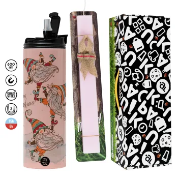 Christmas nordic gnomes, Πασχαλινή Λαμπάδα με  ΡΟΖ Travel Tumbler θερμό (600ml, BPA free) & κερί αρωματικό πλακέ (30cm) (ΡΟΖ)