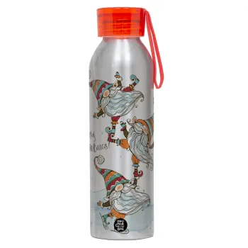 Christmas nordic gnomes, Αλουμινένιο Αθλητικό Μπουκάλι 650ml – Ασημί με Κόκκινο Καπάκι και Λουράκι Σιλικόνης