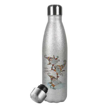 Christmas nordic gnomes, Μεταλλικό παγούρι θερμός Glitter Aσημένιο (Stainless steel), διπλού τοιχώματος, 500ml