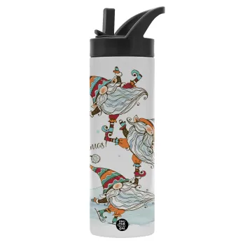 Christmas nordic gnomes, Metallic thermos bottle with straw & handle, stainless steel (Stainless steel 304), double-walled, 600ml.