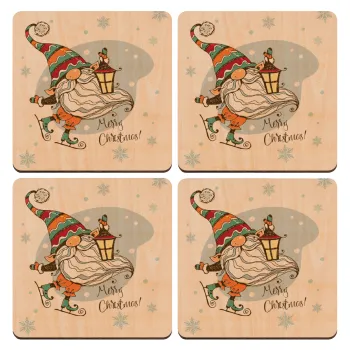Christmas nordic gnomes, ΣΕΤ x4 Σουβέρ ξύλινα τετράγωνα plywood (9cm)