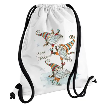 Christmas nordic gnomes, Backpack pouch GYMBAG white, with pocket (40x48cm) & thick cords