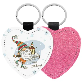 Christmas nordic gnomes, Μπρελόκ PU δερμάτινο glitter καρδιά ΡΟΖ
