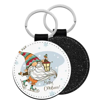 Christmas nordic gnomes, Μπρελόκ Δερματίνη, στρογγυλό ΜΑΥΡΟ (5cm)