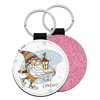 Christmas nordic gnomes, Μπρελόκ Δερματίνη, στρογγυλό ΡΟΖ (5cm)