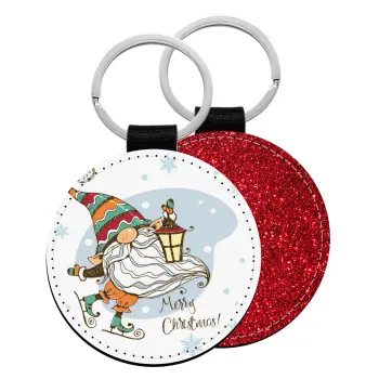 Christmas nordic gnomes, Μπρελόκ Δερματίνη, στρογγυλό ΚΟΚΚΙΝΟ (5cm)