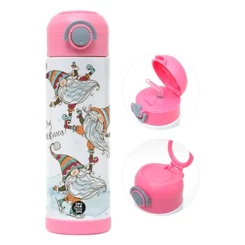 Christmas nordic gnomes, Παιδικό παγούρι θερμό, ανοξείδωτο, με καλαμάκι ασφαλείας, ΡΟΖ (500ml)