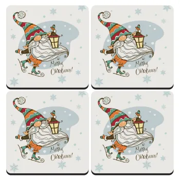 Christmas nordic gnomes, ΣΕΤ 4 Σουβέρ ξύλινα τετράγωνα (9cm)