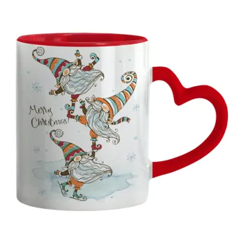Christmas nordic gnomes, Mug heart red handle, ceramic, 330ml