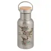 Stainless steel metallic thermos flask, silver with a bamboo lid, double-walled, 350ml.