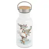 Metallic thermos (Stainless steel) White with wooden lid (bamboo), double-walled, 350ml
