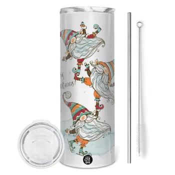 Christmas nordic gnomes, Tumbler ποτήρι θερμό από ανοξείδωτο ατσάλι 600ml, με μεταλλικό καλαμάκι & βούρτσα καθαρισμού