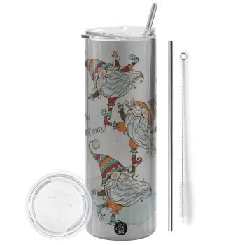 Christmas nordic gnomes, Tumbler ποτήρι θερμό Ασημένιο από ανοξείδωτο ατσάλι 600ml, με μεταλλικό καλαμάκι & βούρτσα καθαρισμού