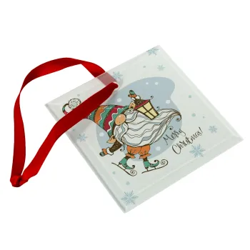 Christmas nordic gnomes, Στολίδι Χριστουγεννιάτικο στολίδι γυάλινο τετράγωνο 9x9cm