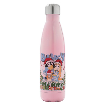Bluey Merry Christmas, Metal mug thermos Pink Iridiscent (Stainless steel), double wall, 500ml