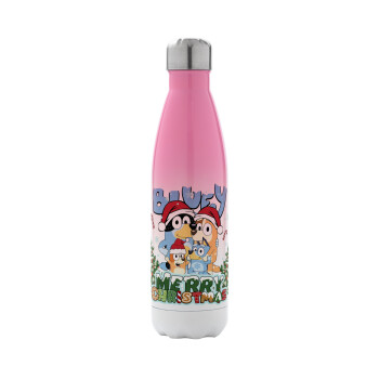 Bluey Merry Christmas, Metal mug thermos Pink/White (Stainless steel), double wall, 500ml