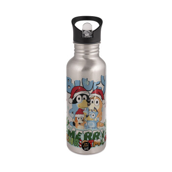 Bluey Merry Christmas, Water bottle Silver with straw, stainless steel 600ml