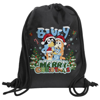 Bluey Merry Christmas, Τσάντα πλάτης πουγκί GYMBAG Μαύρη, με τσέπη (40x48cm) & χονδρά κορδόνια