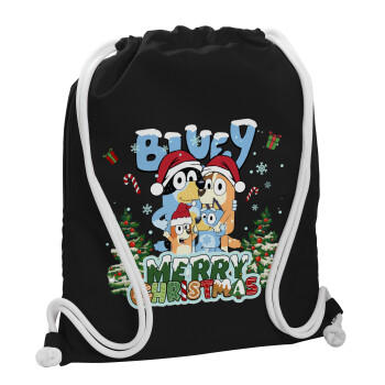 Bluey Merry Christmas, Τσάντα πλάτης πουγκί GYMBAG Μαύρη, με τσέπη (40x48cm) & χονδρά λευκά κορδόνια