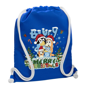 Bluey Merry Christmas, Τσάντα πλάτης πουγκί GYMBAG Μπλε, με τσέπη (40x48cm) & χονδρά κορδόνια