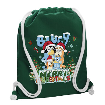 Bluey Merry Christmas, Τσάντα πλάτης πουγκί GYMBAG BOTTLE GREEN, με τσέπη (40x48cm) & χονδρά λευκά κορδόνια
