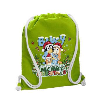 Bluey Merry Christmas, Τσάντα πλάτης πουγκί GYMBAG LIME GREEN, με τσέπη (40x48cm) & χονδρά κορδόνια