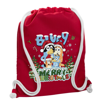 Bluey Merry Christmas, Τσάντα πλάτης πουγκί GYMBAG Κόκκινη, με τσέπη (40x48cm) & χονδρά κορδόνια