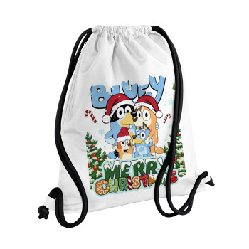Bluey Merry Christmas, Τσάντα πλάτης πουγκί GYMBAG λευκή, με τσέπη (40x48cm) & χονδρά κορδόνια