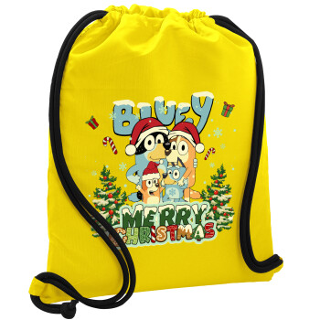 Bluey Merry Christmas, Τσάντα πλάτης πουγκί GYMBAG Κίτρινη, με τσέπη (40x48cm) & χονδρά κορδόνια