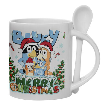Bluey Merry Christmas, Ceramic coffee mug with Spoon, 330ml (1pcs)