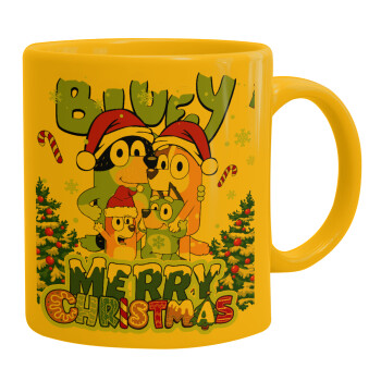 Bluey Merry Christmas, Ceramic coffee mug yellow, 330ml (1pcs)