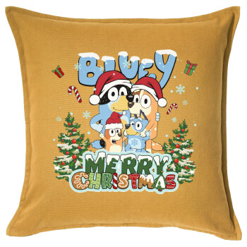 Bluey Merry Christmas, Μαξιλάρι καναπέ Κίτρινο 100% βαμβάκι, περιέχεται το γέμισμα (50x50cm)