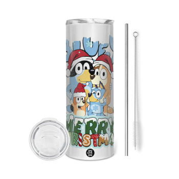 Bluey Merry Christmas, Eco friendly stainless steel tumbler 600ml, with metal straw & cleaning brush
