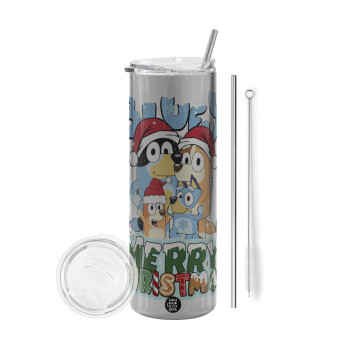 Bluey Merry Christmas, Eco friendly stainless steel Silver tumbler 600ml, with metal straw & cleaning brush