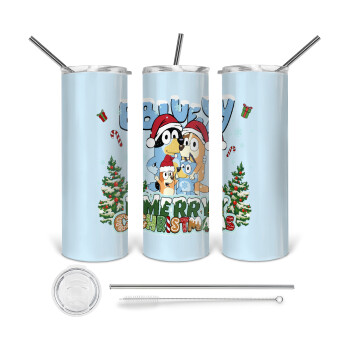 Bluey Merry Christmas, 360 Eco friendly stainless steel tumbler 600ml, with metal straw & cleaning brush