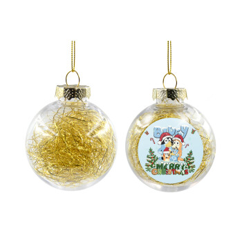 Bluey Merry Christmas, Χριστουγεννιάτικη μπάλα δένδρου διάφανη με χρυσό γέμισμα 8cm