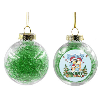 Bluey Merry Christmas, Χριστουγεννιάτικη μπάλα δένδρου διάφανη με πράσινο γέμισμα 8cm
