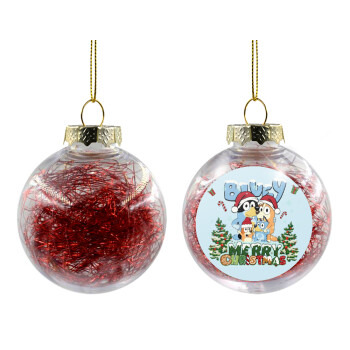 Bluey Merry Christmas, Χριστουγεννιάτικη μπάλα δένδρου διάφανη με κόκκινο γέμισμα 8cm