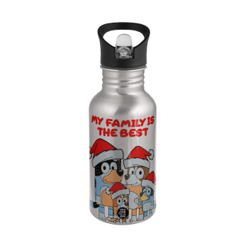 Bluey xmas family, Water bottle Silver with straw, stainless steel 500ml