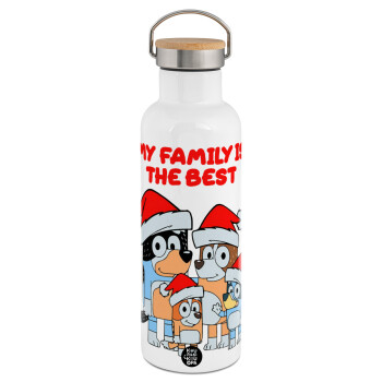 Bluey xmas family, Stainless steel White with wooden lid (bamboo), double wall, 750ml