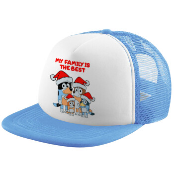 Bluey xmas family, Καπέλο παιδικό Soft Trucker με Δίχτυ ΓΑΛΑΖΙΟ/ΛΕΥΚΟ (POLYESTER, ΠΑΙΔΙΚΟ, ONE SIZE)