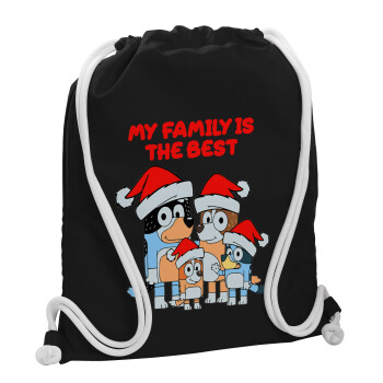 Bluey xmas family, Τσάντα πλάτης πουγκί GYMBAG Μαύρη, με τσέπη (40x48cm) & χονδρά λευκά κορδόνια