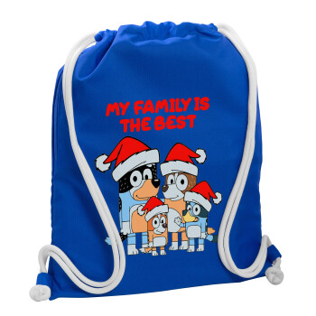 Bluey xmas family, Τσάντα πλάτης πουγκί GYMBAG Μπλε, με τσέπη (40x48cm) & χονδρά κορδόνια