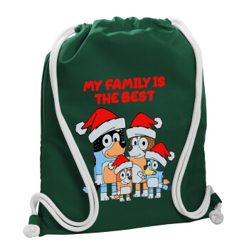Bluey xmas family, Τσάντα πλάτης πουγκί GYMBAG BOTTLE GREEN, με τσέπη (40x48cm) & χονδρά λευκά κορδόνια