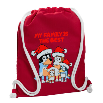 Bluey xmas family, Τσάντα πλάτης πουγκί GYMBAG Κόκκινη, με τσέπη (40x48cm) & χονδρά κορδόνια